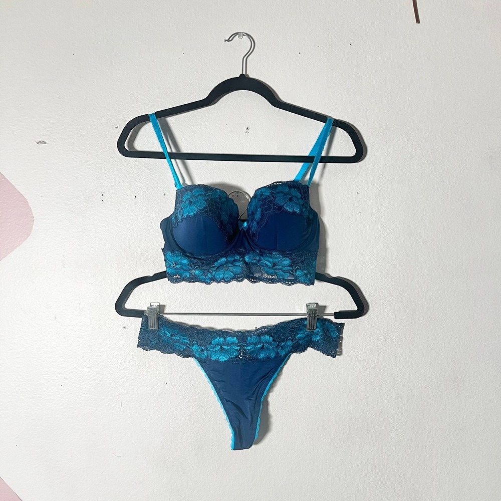Adore Me Bra & Pantie Set Blue Floral Lace Longline Bra 34C Thong Large